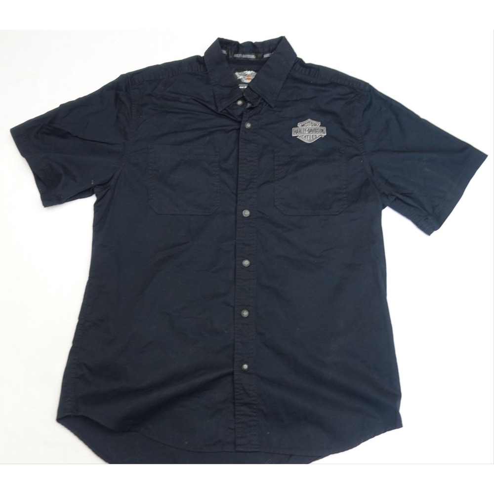 Harley-Davidson Shirt Mens L Black Short Sleeve Button Up Pockets Biker Logo